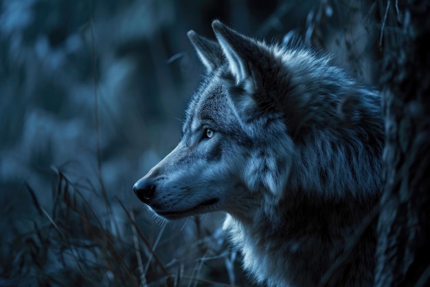 A gray wolf in the soft glow of the moonlight