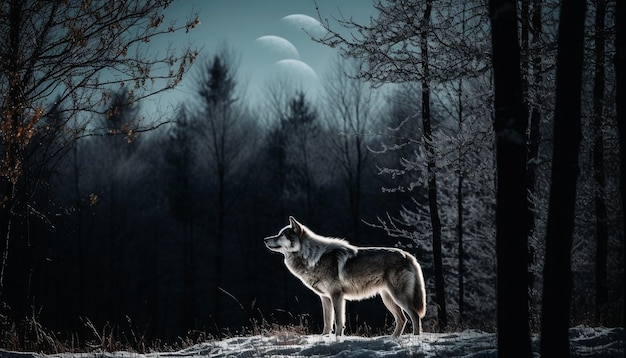 Photo gray wolf walking through snowy forest landscape generated by ai