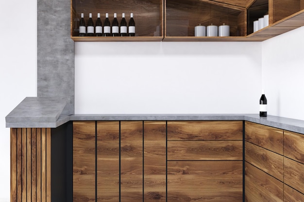 Photo gray and wooden bar counter with shelves for wine bottles hanging above it. concept of a good pastime. 3d rendering mock up