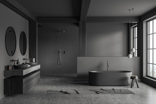 Серая и деревянная ванная комната с раковиной и душем