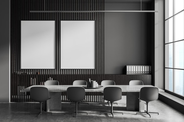 Gray and wooden meeting room with posters