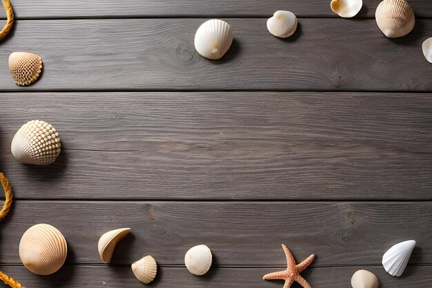 Gray wooden surface with starfish and seashells