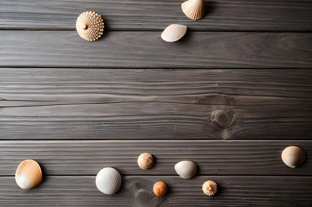 Gray wooden surface with starfish and seashells