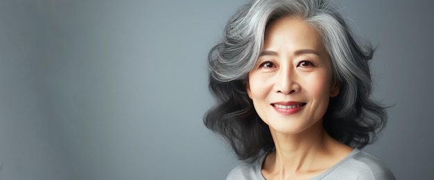 Grayhaired Asian woman on a dark background closeup Banner High quality photo Generative AI