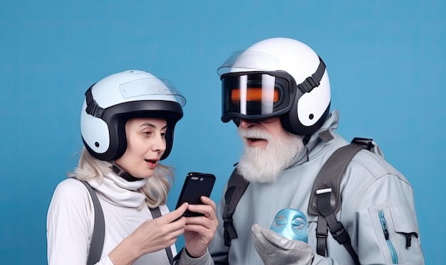 Grayhaired couple posing on their motorbike with helmets in hand designe