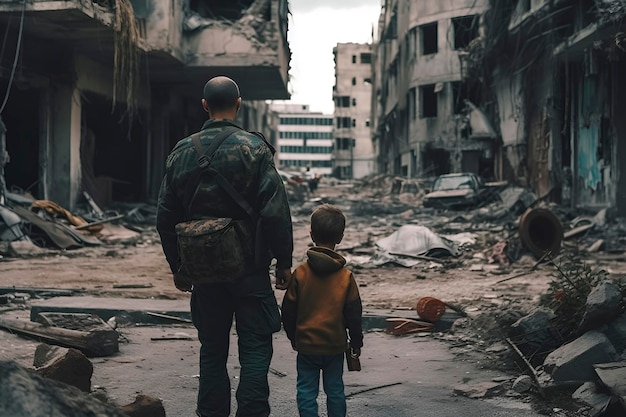 A grayhaired man and a boy walk through the ruins of a destroyed city after the war Generated AI