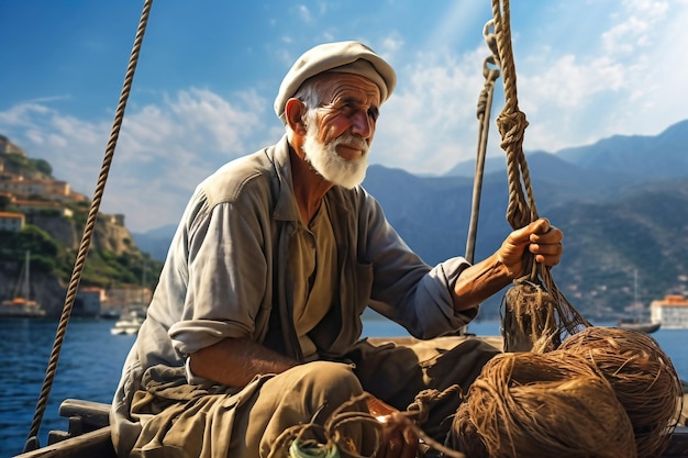 A grayhaired old man in a fishing boat sorts out nets for catching fish An old seigneur fisherman in the bay catches fish Fishing industry