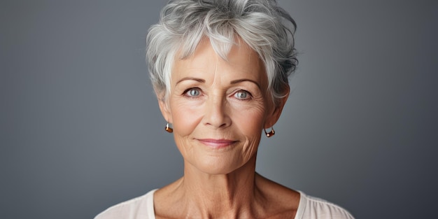 Grayhaired shorthaired woman closeup portrait Banner High quality photo Generative AI