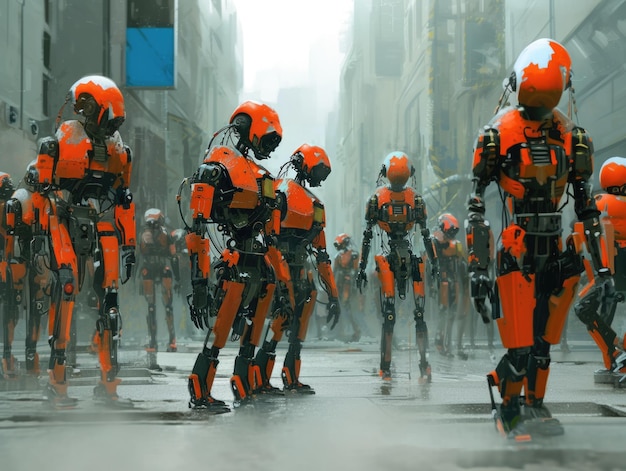 Grayorange robots cyborgs on the city street AI generative