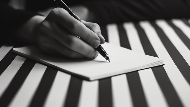 Photo grayscale close up of a persons hand writing in a notebook with a pen