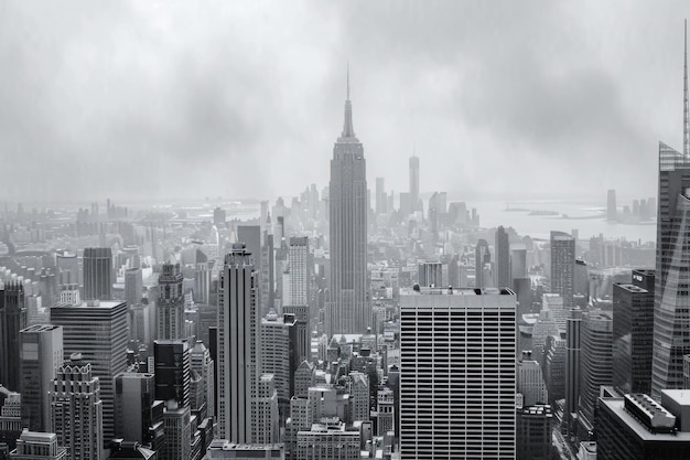 Photo a grayscale photo of the manhattan skyline in new york city on a cloudy day