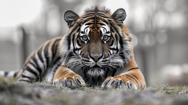 Grayscale Photograph of a Tiger on the Grass