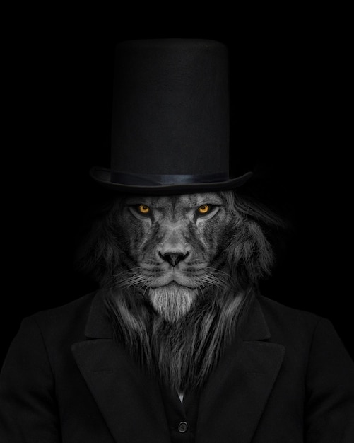 Grayscale portrait of a formidable lion in a hat and a suit