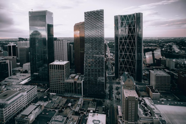 Grayscale shot of downtown Calgary Alberta Canada Dark urban background