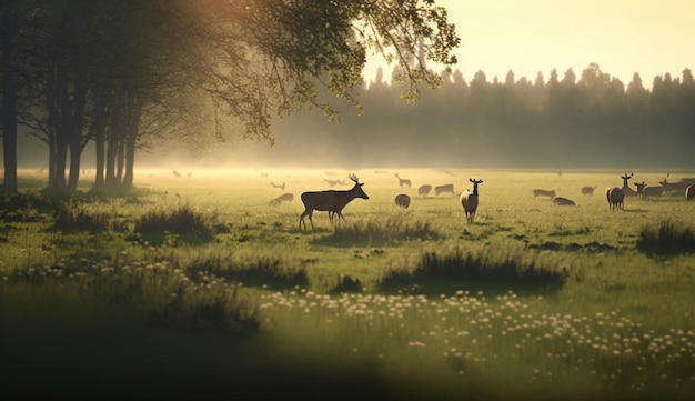 Grazing deer in the wild herd in the distance Generative AI