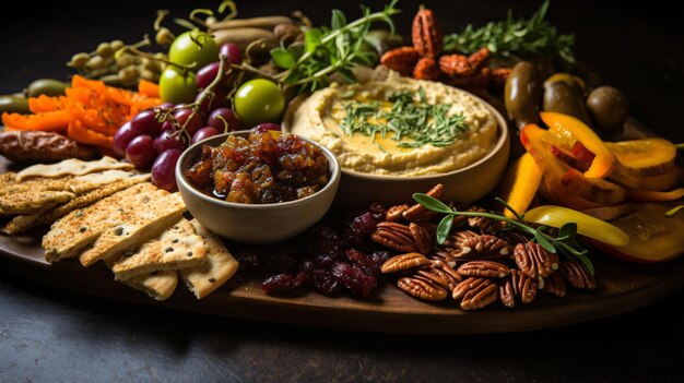 Photo grazing platter with hummus olives sun dried tomatoes