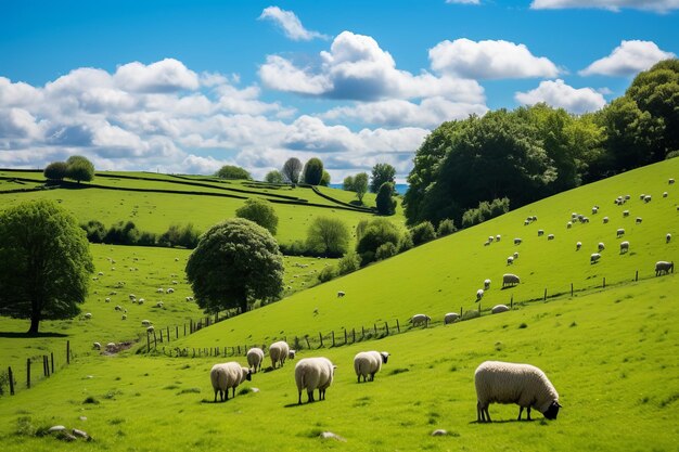 Foto pecore che pascolano su una collina verde lussureggiante