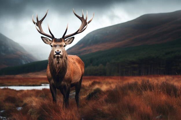 Great Adult Noble Red Deer in autumn With Big Horns Turned Head European Wildlife Generative ai