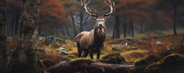 Great Adult Noble Red Deer in autumn With Big Horns Turned Head European Wildlife Generative ai