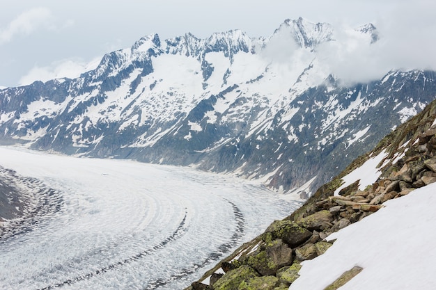 그레이트 Aletsch 빙하와 얼음 가을 여름 흐린보기 (Bettmerhorn, 스위스, 알프스 산맥)