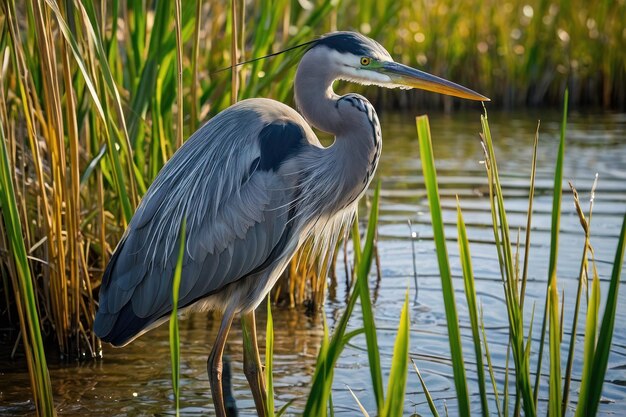 Great Blue Heron standing in wetlands