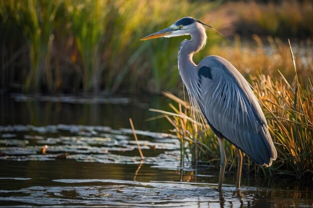 Great Blue Heron standing in wetlands