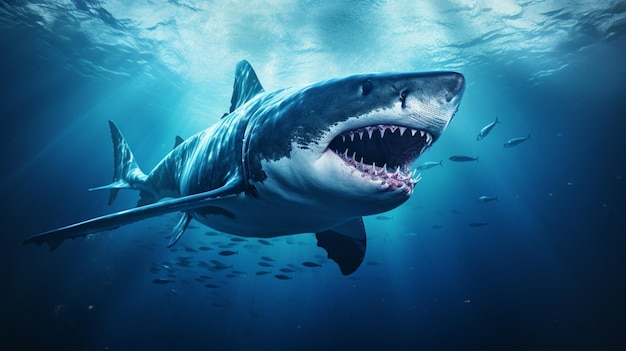 Great blue predator underwater ocean background wallpaper AI generated picture