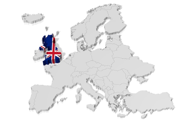 Photo great britain country borders and flag highlighted on map of europe