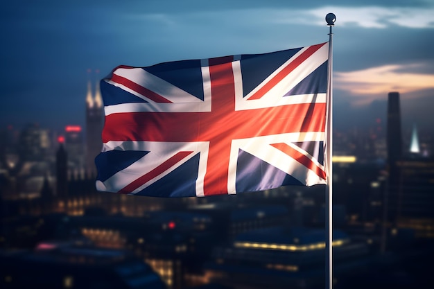 an great britain flag is being put on a street in the evening light