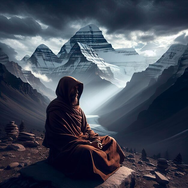 Photo great buddha monk meditating in front of big dark massive mountain kailash himalayas yogi motivation