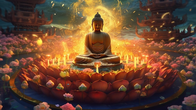 The great buddha sakyamuni in buddhism stands on a golden lotus generative AI