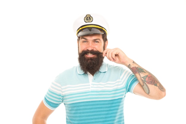 Great captain with great mustache Happy seaman twirl mustache Bearded man smile in mustache Barbershop Journey and discovery Summer vacation My boat my mustache