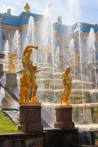 Great cascade fountain in lower park of Peterhof in St Petersburg Russia