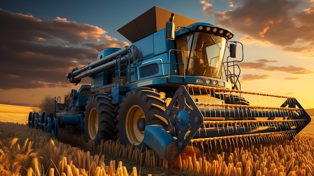 Great combine harvester working at the field Agricultural machine on the blue sky