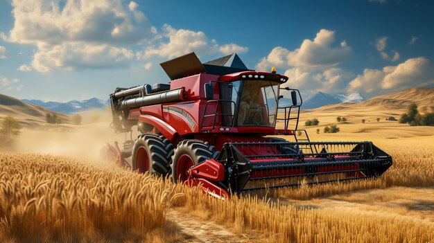 Great combine harvester working at the field agricultural machine on the blue sky