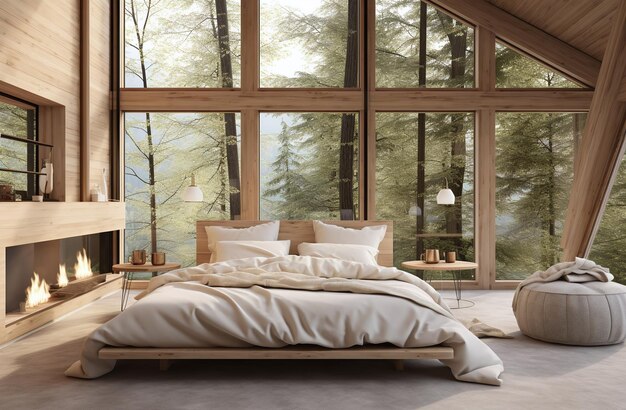 Great cozy cabin bedroom interior with big windows