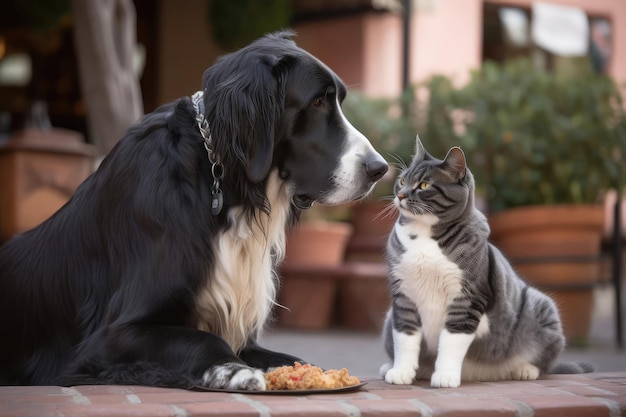 グレートデーン犬と長髪の白黒猫がおやつを共有する生成 AI