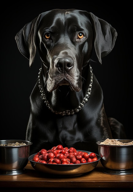 犬 の 鉢 を 持っ て 座っ て いる グレート デーン 犬