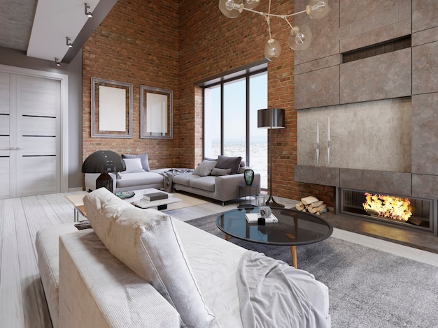 Great design of apartments in a loft style with a brick wall and upholstered furniture and large panoramic windows. 3d rendering