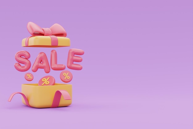 Фото Отличная концепция продвижения скидок и распродаж подарочная коробка со словом sale, плавающим на фиолетовом фоне 3d-рендеринга