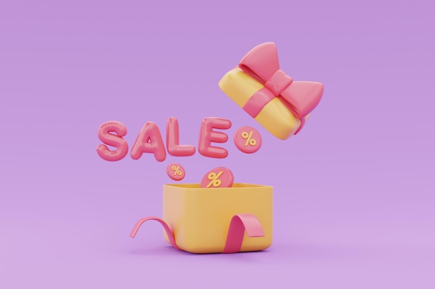 Grande sconto e concetto di promozione della vendita confezione regalo con parola vendita fluttuante su sfondo viola rendering 3d