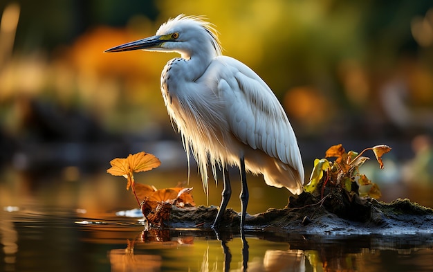 Great egret Ardea alba standing on a rock in a lake