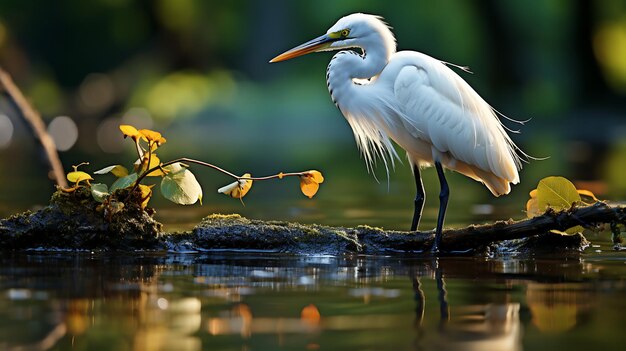 Great egret Ardea alba standing on a rock in a lake