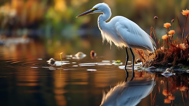 Great egret Ardea alba standing on a rock in a lake