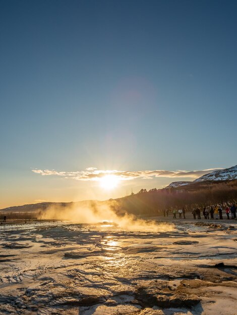 The Great geysir periodically spouting hot spring natural phenomenon and one of landmark in Iceland