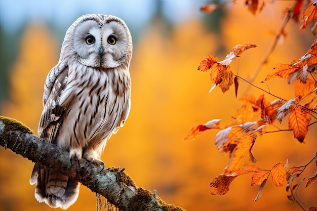 Great grey owl Strix nebulosa in autumn forest Autumn in nature with owl Ural Owl Strix uralensis sitting on tree branch with orange leaves in oak forest Wildlife scene from nature AI Generated