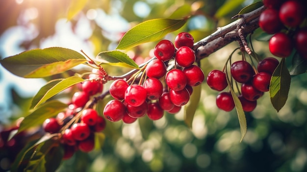 Great harvest of ripe red cherries on a tree branch