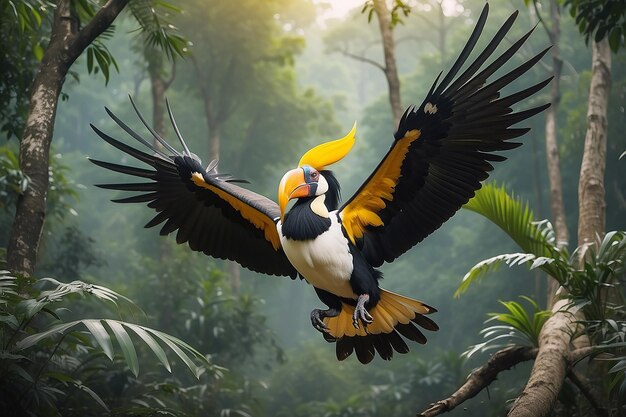 Great Hornbill flies freely in the woods