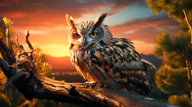 Great horned owl perched on branch staring into sunset