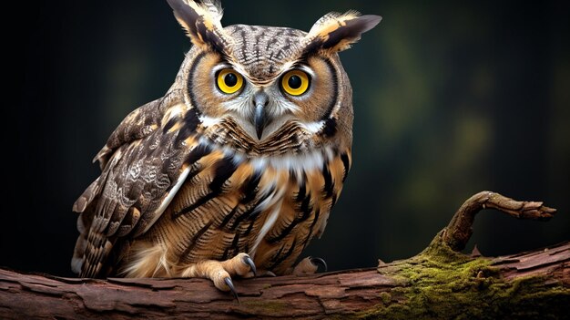 great horned owl perching on branch staring with piercing